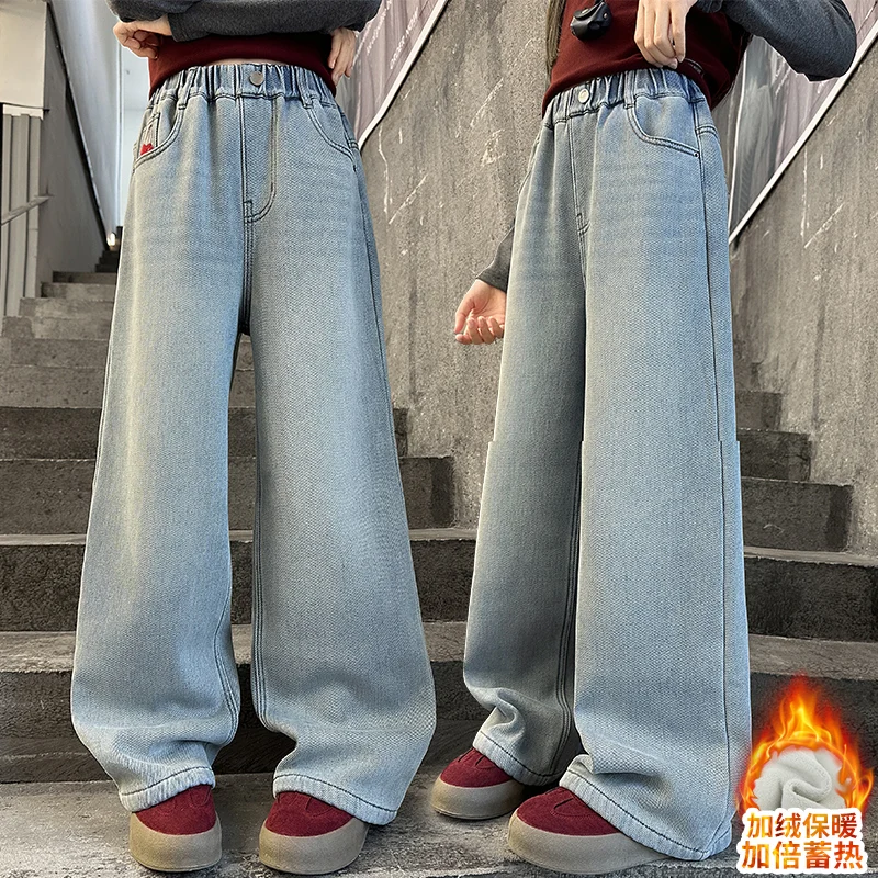 الخريف الشتاء في سن المراهقة الفتيات أفخم الجينز الصغار جيب المطرزة الدنيم بنطال ذو قصة أرجل واسعة 4 6 8 10-14 الطفل السراويل المخملية سميكة #2