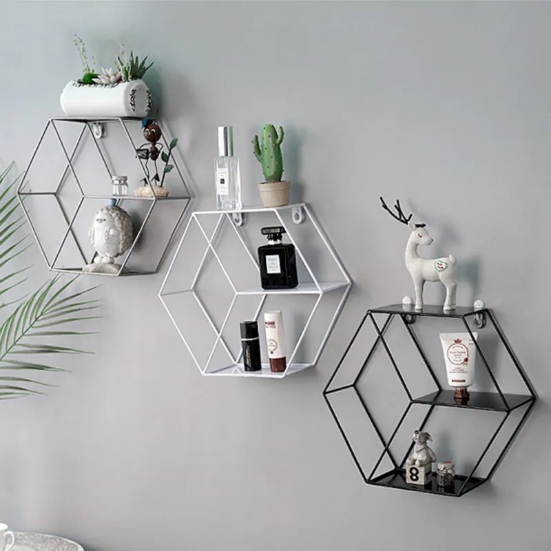 Wall Mounted Hexagonal Floating Shelves White Modern Metal Wall Shelf Simple Wall Decor 3 Tiered Storage Shelves for Home Room