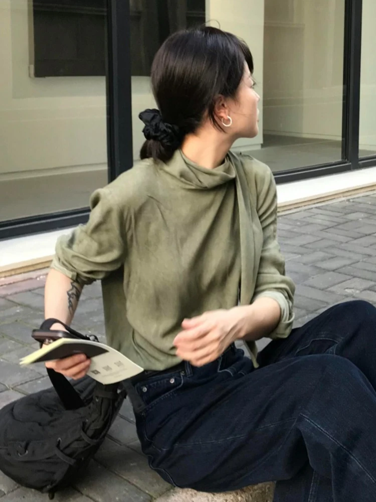 Coreano sle longo sve veludo floing irt feminino outono inverno design f gola alta com cinto camada base superior interno