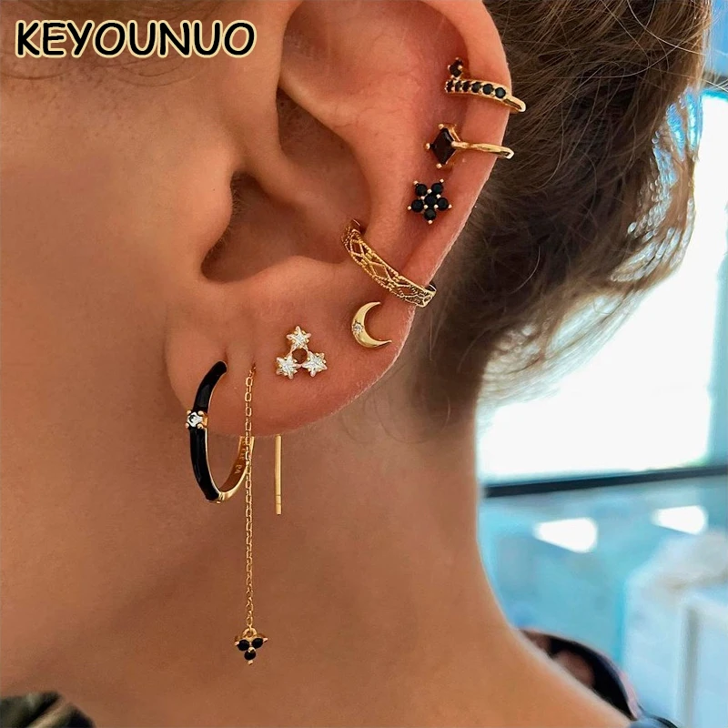 KEYOUNUO Gold Plated CZ Thread Earrings For Women Flowers Black Zircon Stud Earrings Fashion Party Wedding Jewelry Wholesale