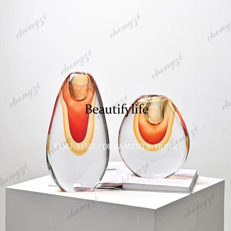 Light luxury simple red glazed small mouth vase ornament hotel front desk entrance vase