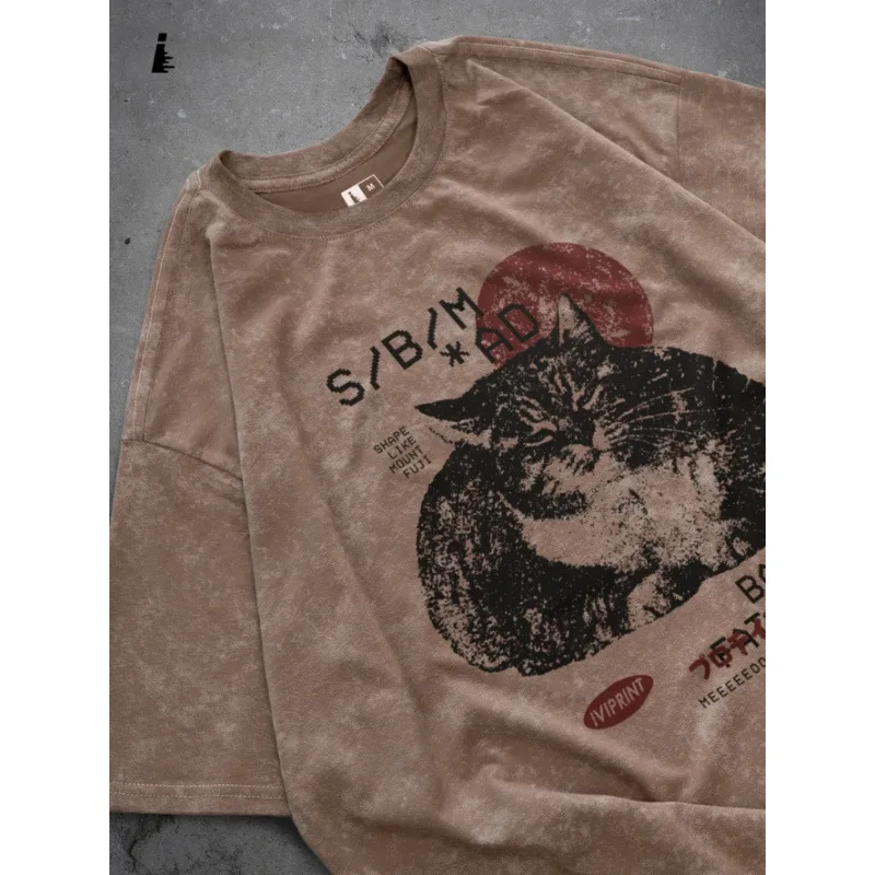 90s Grunge Mineral Wash Brown Oversized Tee Vintage Fat Tabby Cat Print Loose Heavy Weight 100% Cotton Unisex Streetwear T Shirt