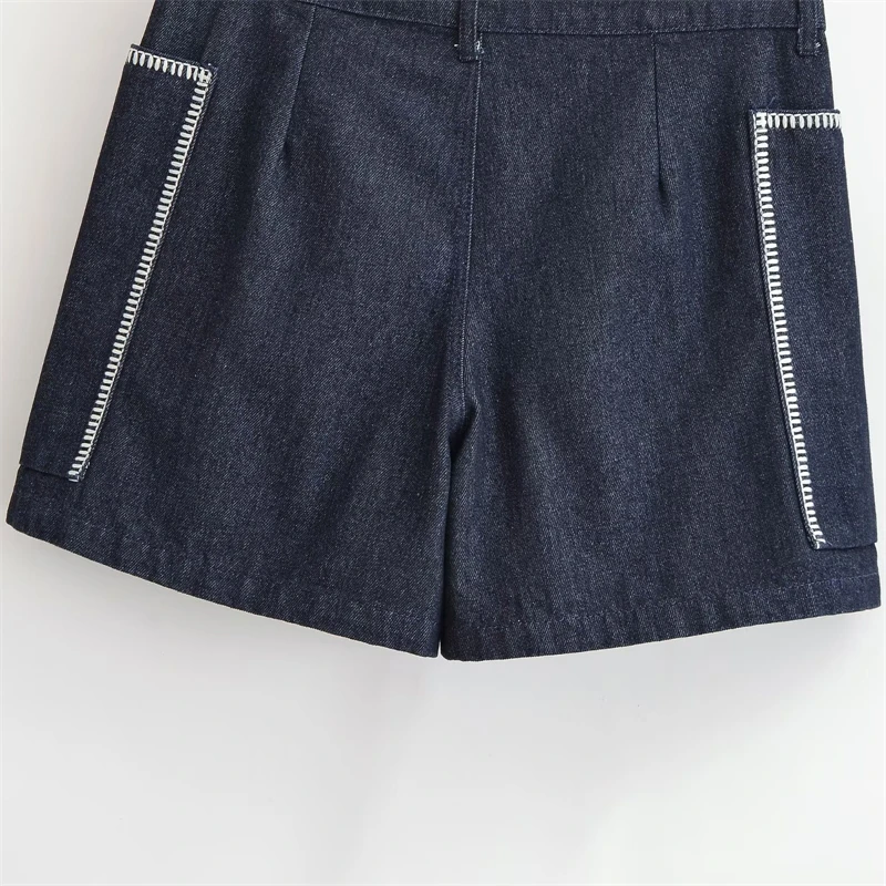 KEYANKETIAN 2026 Ladies Retro Denim Hot Shorts High Waist Large Patch Pockets Contrast Stitch Detail Button Fly Work Pants