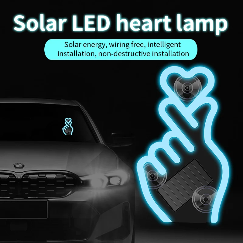 1PCS Luz LED Solar para Carro em Formato de Coração com Gestos de Mão, Luz de Ambiente com Carregamento USB, Decoração Neon para Janela Traseira Triangular