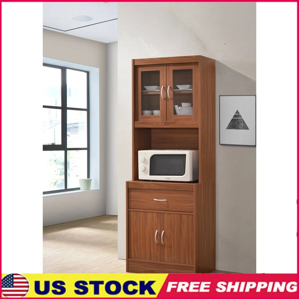 

Cherry Kitchen Cabinet with Microwave Space 1 Drawer Storage Enclosed Cabinet 4 Doors 2 Shelves Indoor Furniture Durable Wood