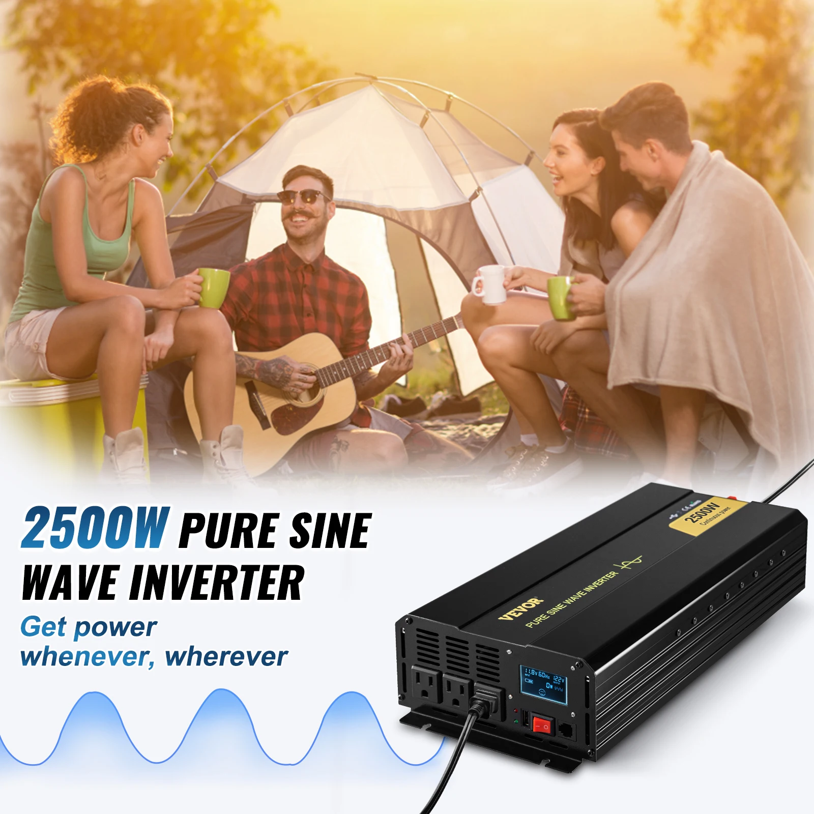 VEVOR Pure Sine Wave Power Inverter 12V DC to 120V AC Aluminum Alloy LCD Screen & LED Indicators for Powering Laptop Fan Grinder