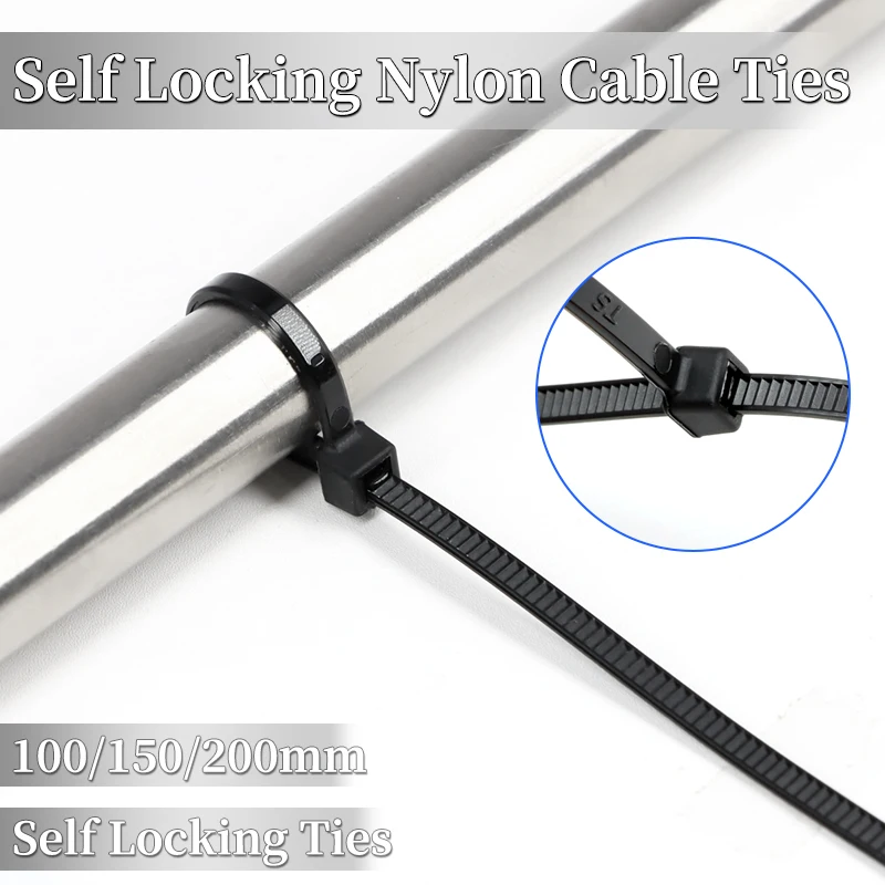 Black Nylon Cable Ties Self Locking 100/150/200mm Black Plastic Zip Wire Binding Wrap Straps DIY Cable Fasten Organiser