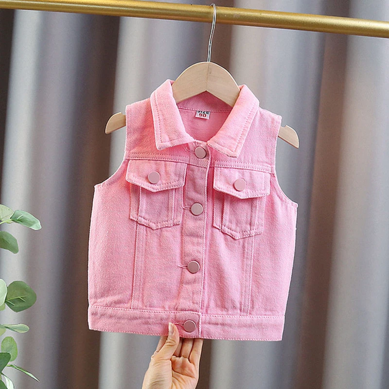 Lovely Style Kids Baby Denim Pink Color Denim Vest Outfit for Toddler Girl Casual Sleeveless Jacket Outfit Child Jeans Waistcoat