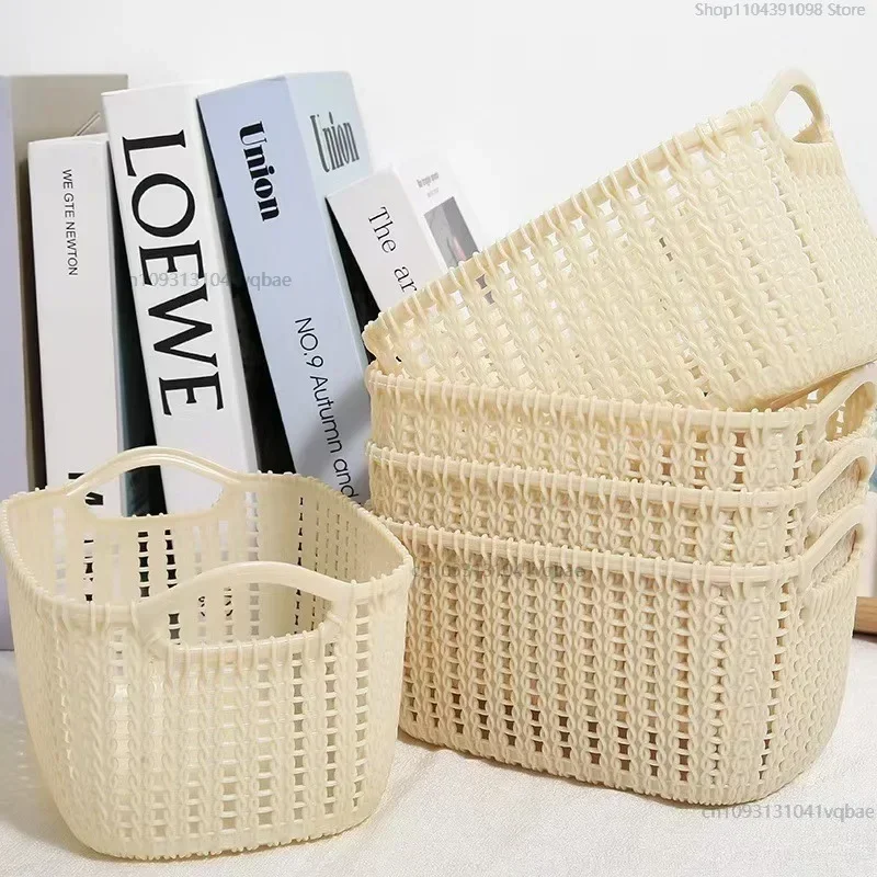 

Kitchen Basket Snack Storage Box Imitation Rattan Woven Desktop Basket Plastic Storage Bathroom Shower Storage 빨래바구니