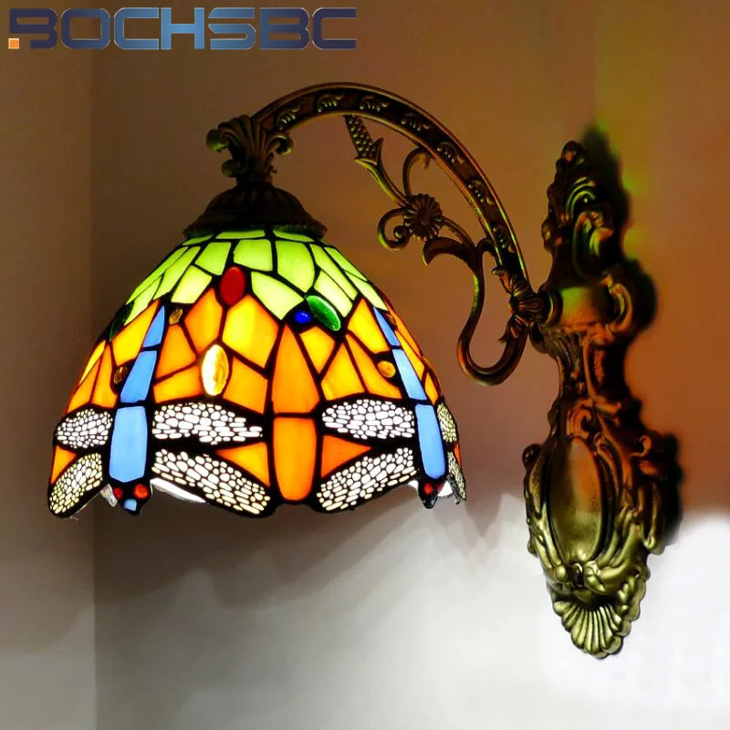 BOCHSBC Tiffany style Dragonfly stained glass retro wall lamp for decor lamp Bedroom bedside lamp living room hallway LED light