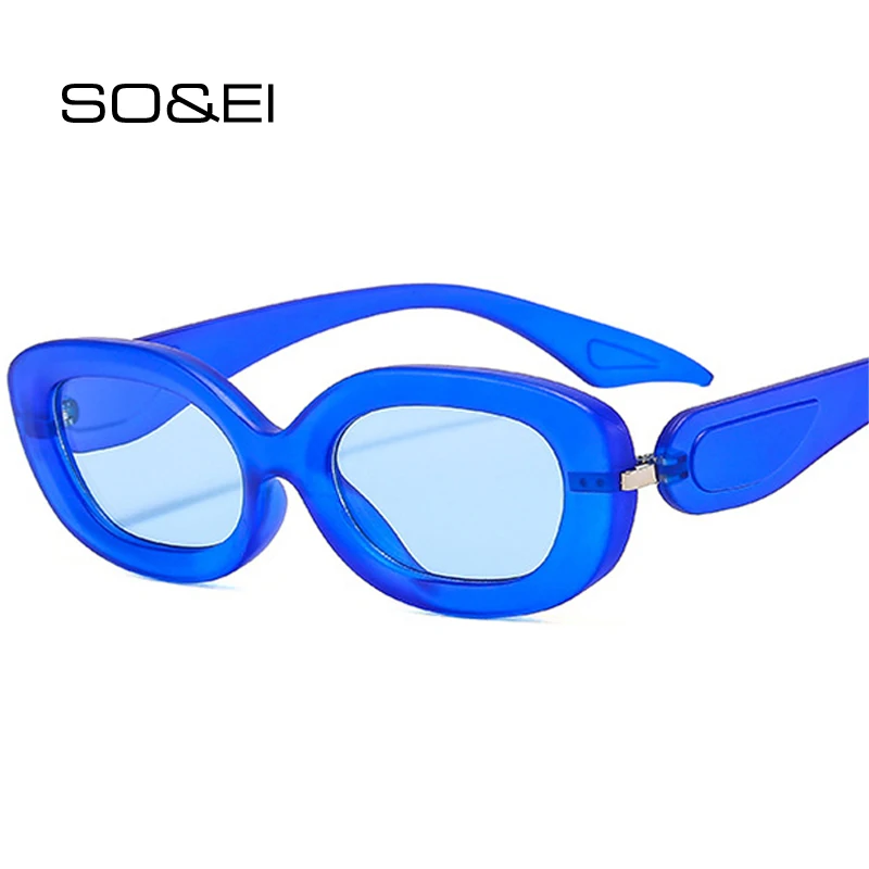 SO&EI Ins Popular Fashion Oval Sunglasses Women Retro Brand Designer Shades UV400 Men Blue Champagne Sun Glasses