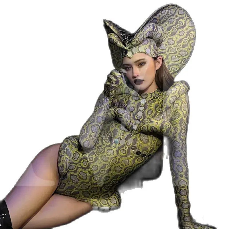 Women Gogo Dance Costumes Snake Patterned Bodysuit Bar Nightclub Ds Dj Halloween Jazz Clothing Female Stage Rave Outfit XS7065