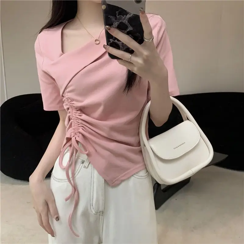 

Korea Chic Short Sleeved T-shirt V-neck Slimming Irregular Drawstring Design Crop Tops Women's Summer Korean Elegant Asymmetric