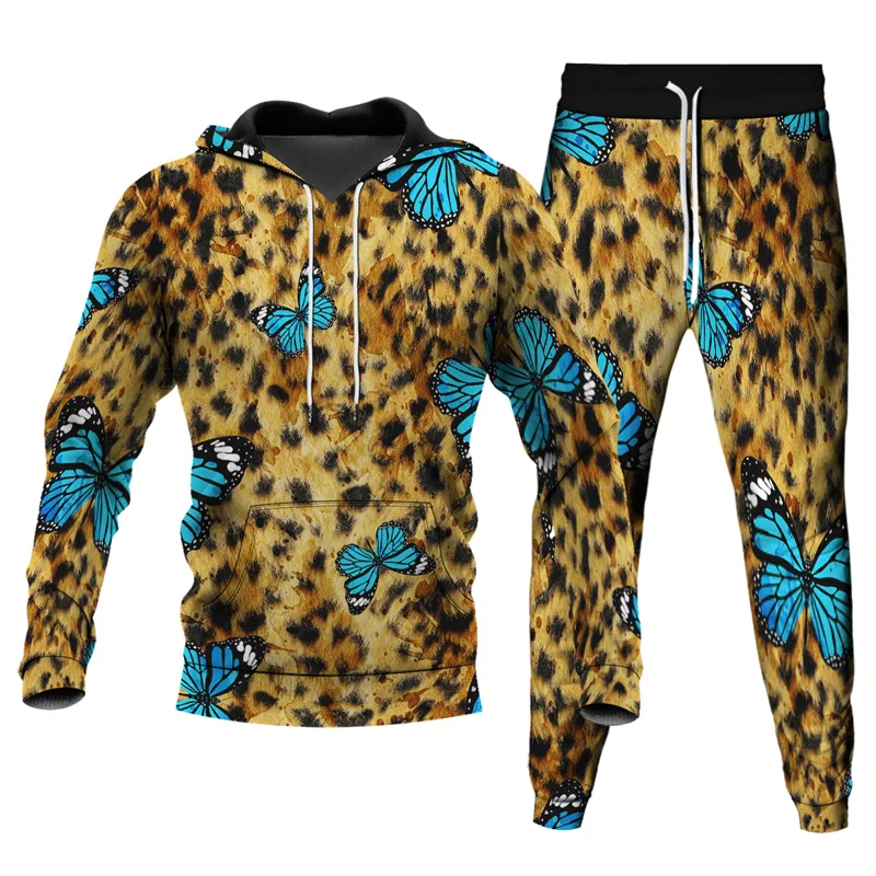 

Men Hoodies Sweatpants 2pcs Sets Sportwear Clothes Women Harajuku Vintage Leopard Snake Florial 3D Print Tracksuit Plus Size 6XL