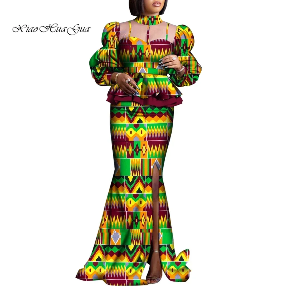 2 Pieces Set Women Skirt and Top Set African Clothes for Women Print Clothing Ankara Blouse and Split Skirts Suits Set WY8456