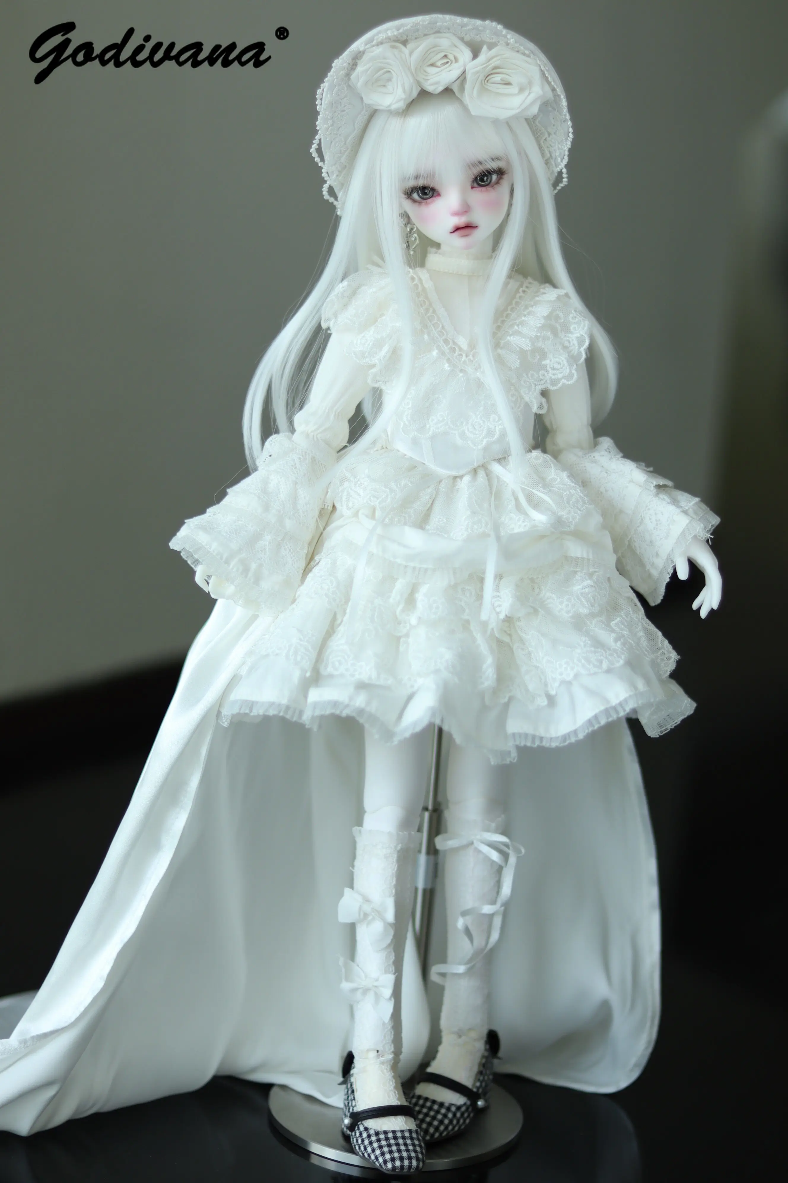 Elegant Vintage Gothic White and Black Lolita Wedding‑style Doll Outfit High End Heavy Lace Embroidery Dress for 1/4 BJD Dolls