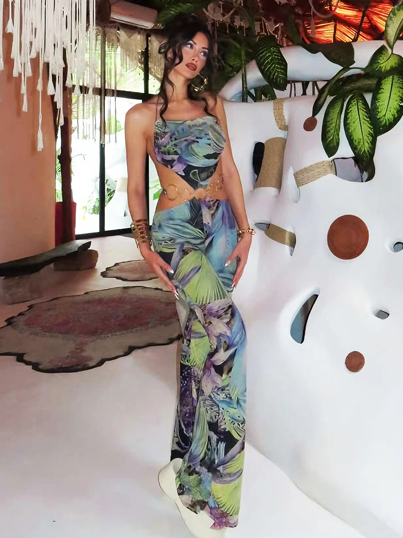 Costume Intero Sexy da Donna con Stampa Tropicale, Pantaloni Lunghi a Vita Alta in Poliestere, Stile WEIRD PUSS, Primavera