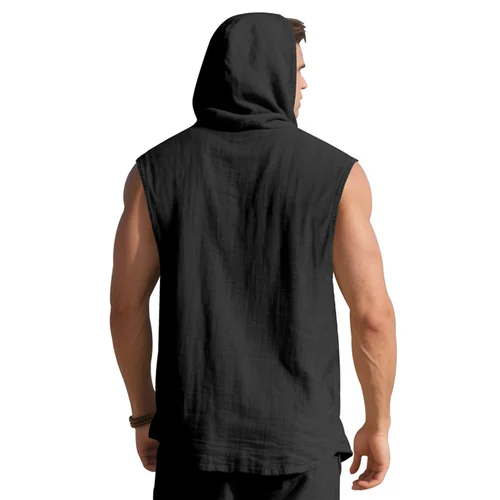 Imagen 2 del producto NOVEDAD DE VERANO 2021, camisa sin mangas para hombre, camisa holgada de lino con capucha y botones de color puro, chaleco fino para hombre, camisetas informales de moda