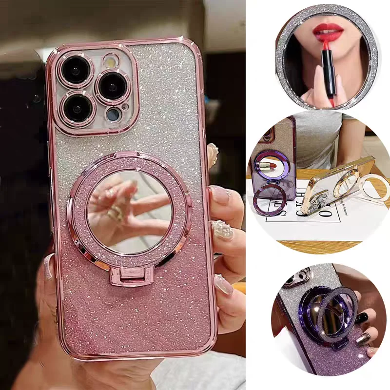 Mirror Stand Glitter Shockproof Case For Realme C2 C7 C15 C17 C20 C21 C21Y C25Y C30 C33 C53 C55 C61 C63 C67 Magnetic Soft Cover