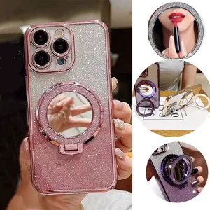 Glitter espelho suporte caso de telefone para iphone 16 15 14 13 12 11 16 pro max x xr xs max 7 8 menina rosa vogue capa de telefone magnético 6 principais vendas oculos feminino vogue - №4