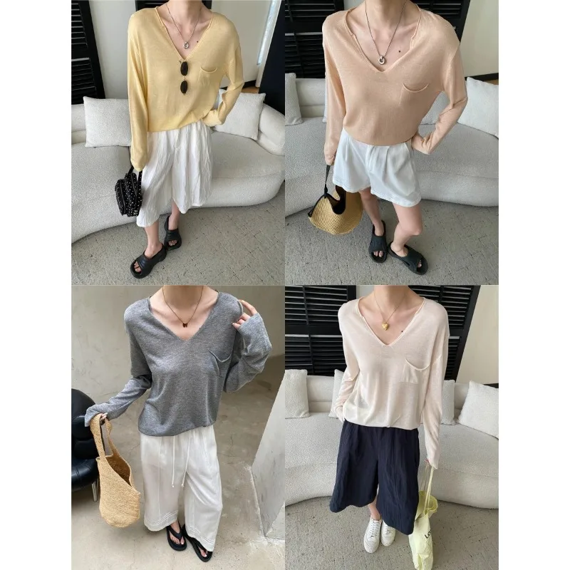 Womens Silk Linen Rolled Edge Sun Protection Long Sleeve Knit Shirt Loose Round Neck Solid Sweater Long Sleeves Knitted Pullover
