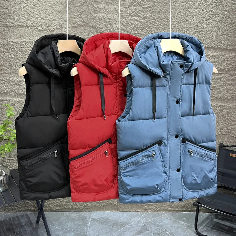 

Men Thicken Cotton Waistcoat Autumn Winter Hooded Vests Male Solid Color Coats Sleeveless Jackets Warm Detachable Hat Outerwear