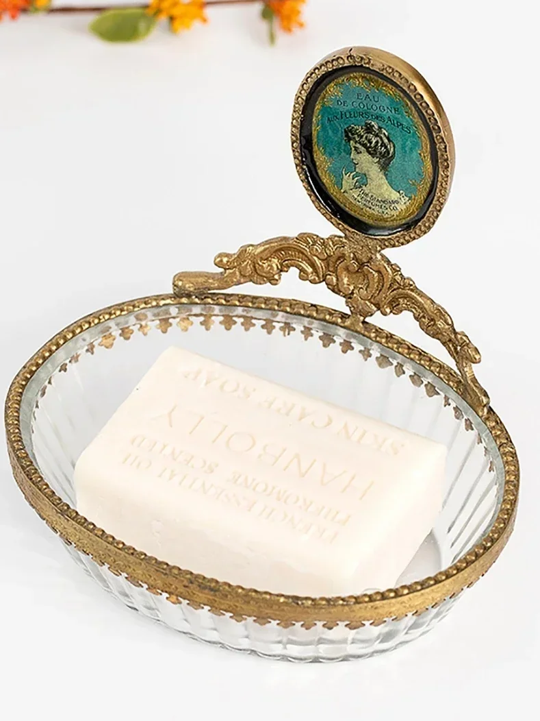 

European Vintage Brass Glass Trays Relief Craft Jewelry Necklace Display Storage Tray Desktop Snacks Plates Home Decoration