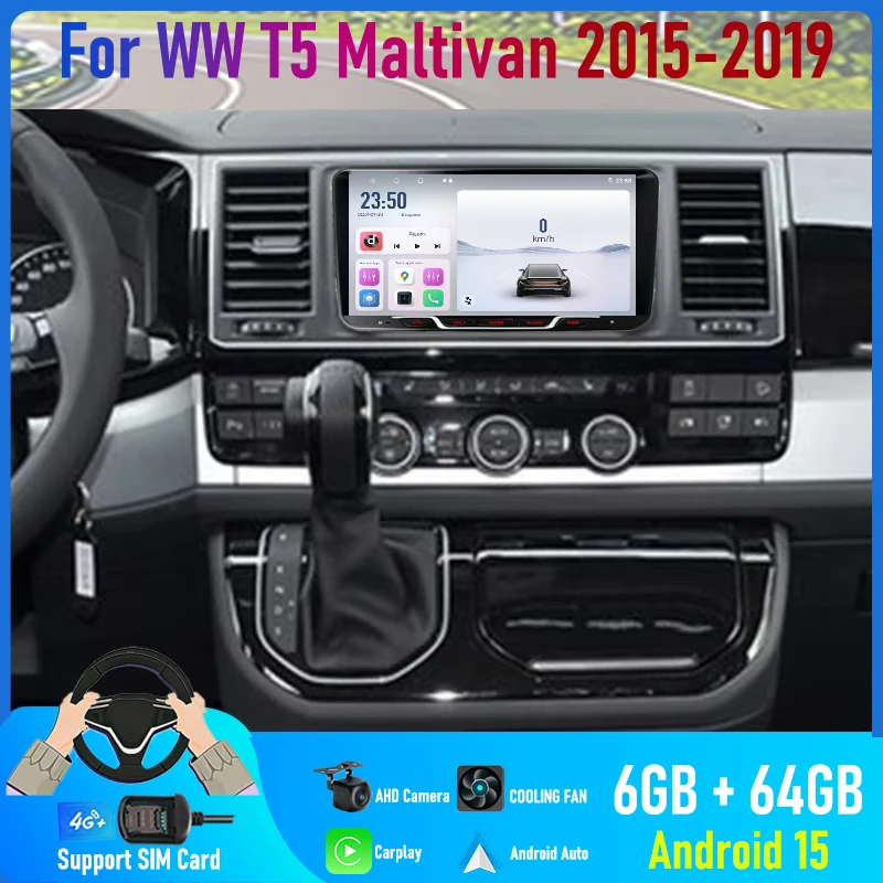 9'' For VW T5 Maltivan 2015-2019 Car Radio 4G SIM Android 15 Auto GPS Steering Wifi Wheel Control Head Unit 2DIN Google Map FM