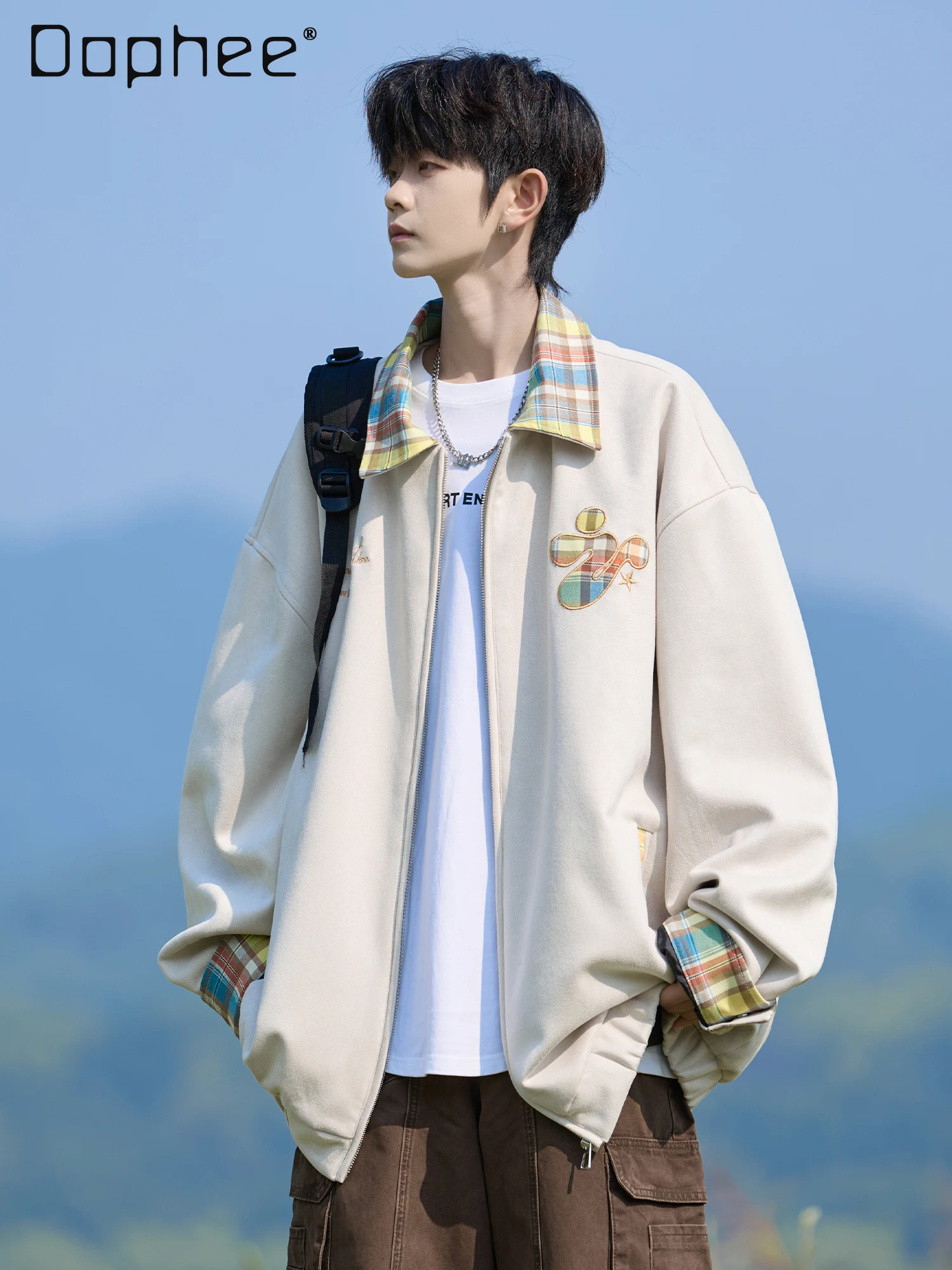 American Style Plaid Patchwork Lapel Black Purple Jacket Men's Spring Autumn New Loose Casual Daily Apricot Jacket