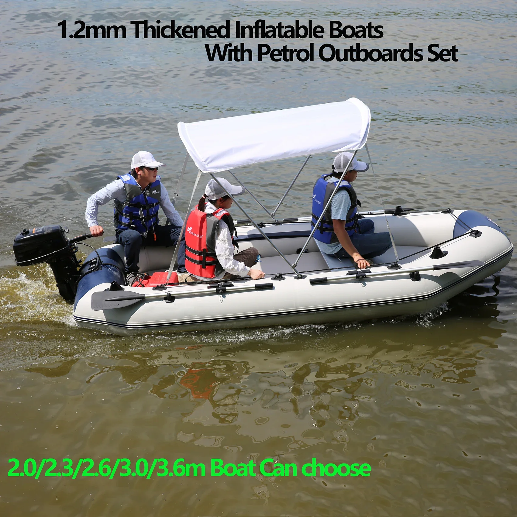 1.2mm Thicking PVC Inflatable Boat with Petrol Outboards & Sunshade Set Professional Fishing Platform Boats with  Air Deck