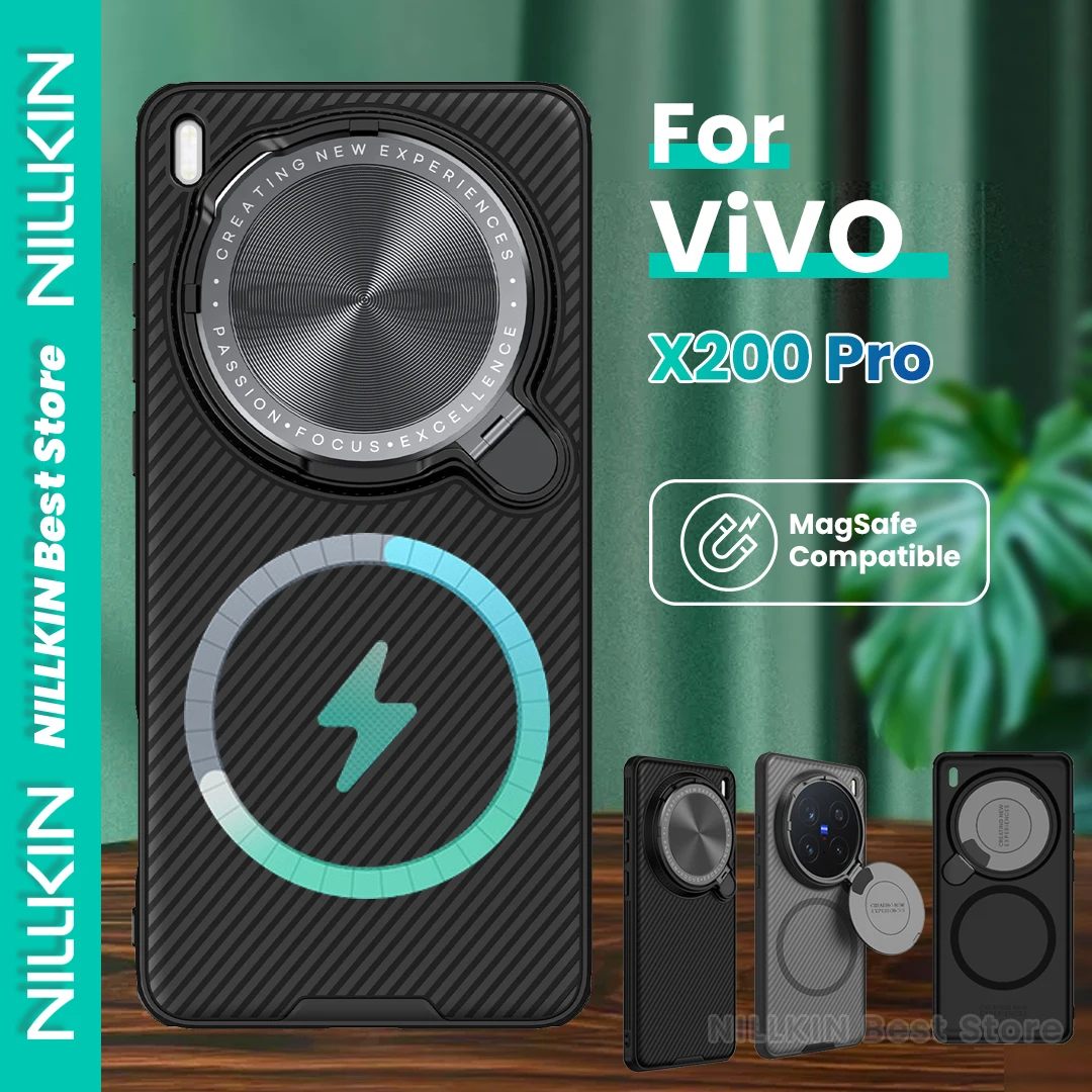 Nillkin für Vivo X200 Pro, magnetische Hülle, Magsafe-Kameraobjektivabdeckung, Ständer, 360°, All-Inclusive-Ecken, stoßfeste Telefon-Hartschale