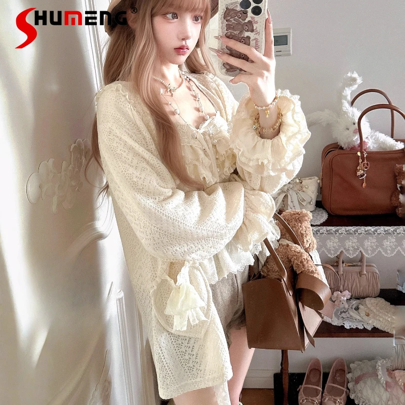 

Dailywear Japanese Lolita Style Lace Sweater Easy To Match Knitted Cardigan Beautiful Elegant Sweet Long-sleeves Pocket Knitwear