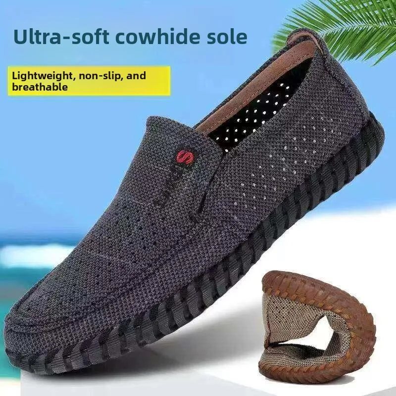 Beijing Old Man Casual Sandals Breathable Mesh Slip-On Men's Shoes with Cow Tendon Bottom Large Size Flat Heel Sporty