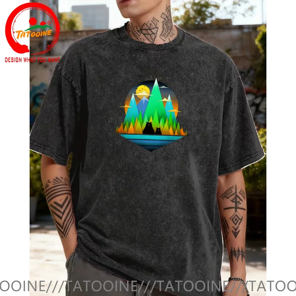 

Vintage Washed Cotton T-Shirt Funny Designer Geometric Landscape Bears T Shirt Men Fashion Trendy Casual Clothing Stylish Tops