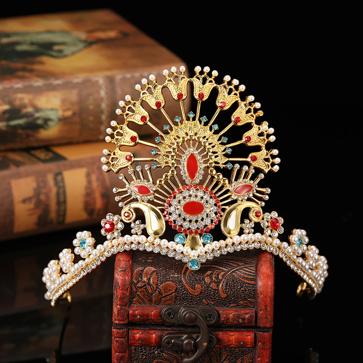 Gold Peacock Bridal Tiara Crown, Red Gem Pearl Crystal Wedding Headpiece Moroccan Party Pageant Hair Jewelry