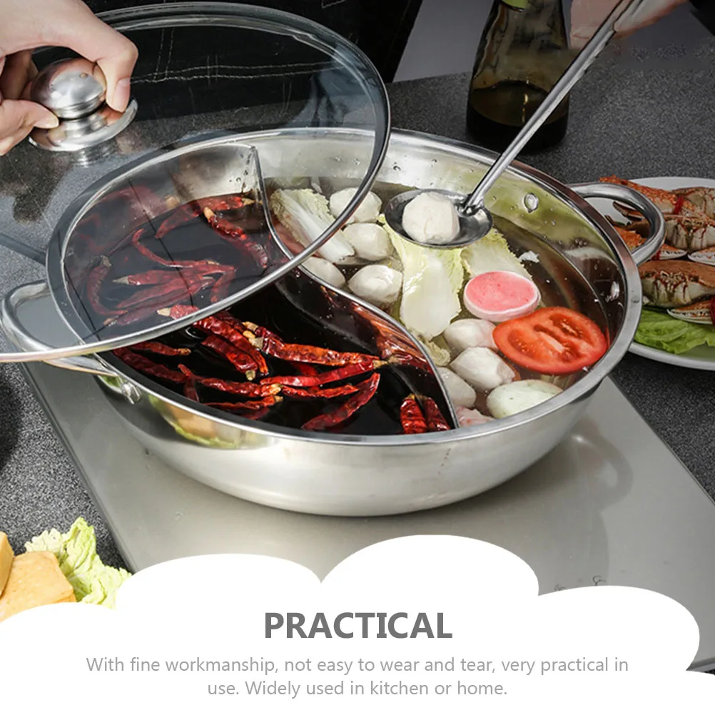 

Stainless Steel Two-Flavor Hot Pot with Divider Smooth Non-Stick Easy Clean Heat Resistant Handle for Induction Gas Halogen