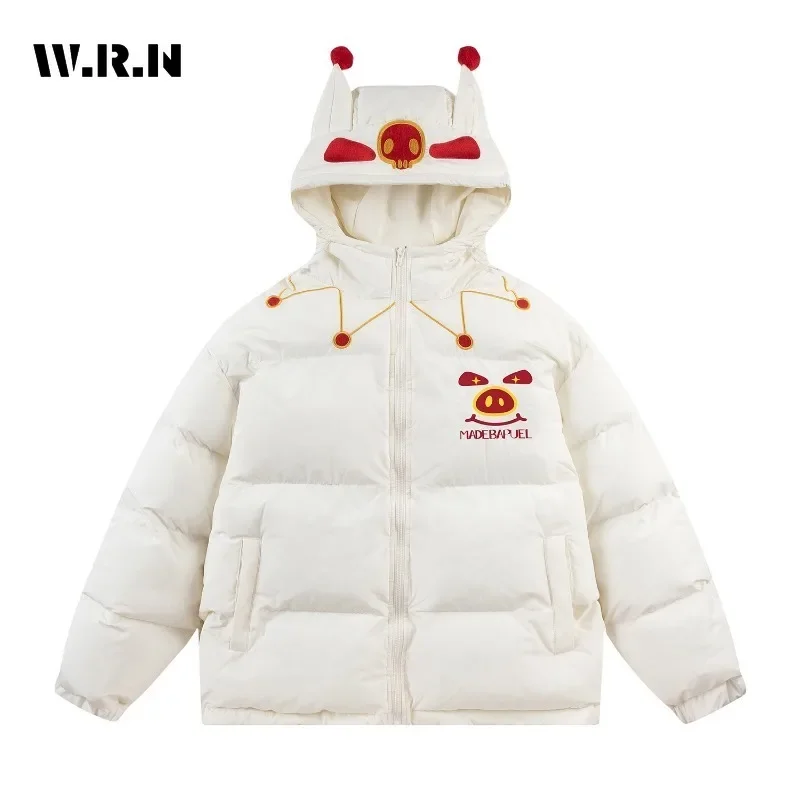 2024 Winter Koreanische Casual Y2K Einzelnen Parkas Drucken Zipper Jacke mit Hörnern Für Frauen Oberbekleidung Mode Warme Starke Mit Kapuze Mantel