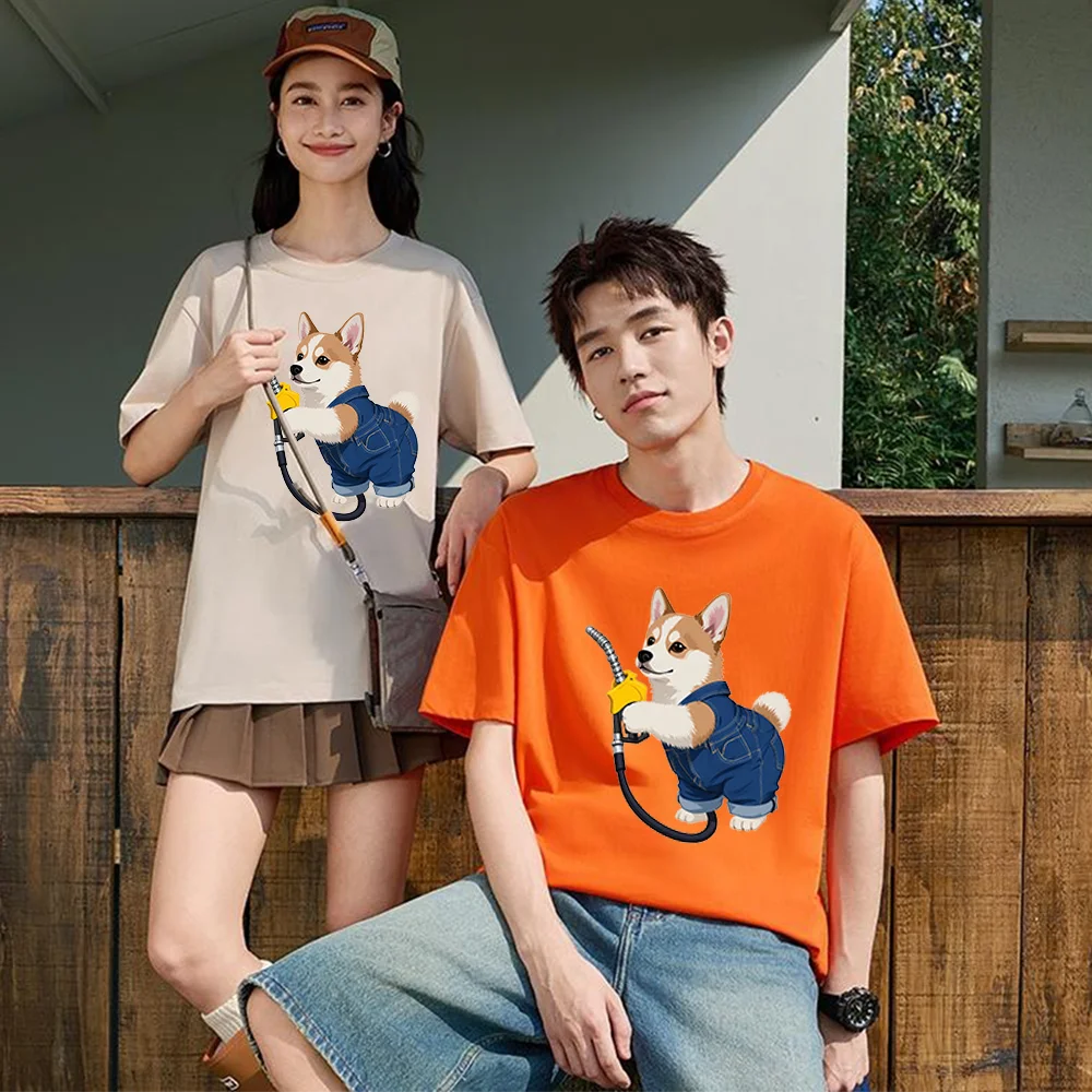 Corgi Holding Gas Pump Printed T Shirt Cotton S-XXL Personalized Custom Casual Short Sleeve Tee Aesthetic Graphic Top Unisex Fit
