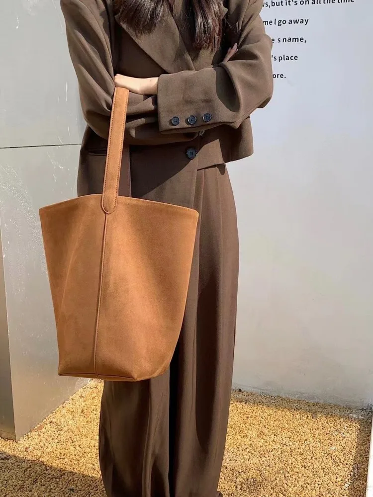 Casual Versatile Women Solid Color Suede Genuine Leather Single Shoulder Bag Large Capacity Totes Handbag Ladies Bucket Bags