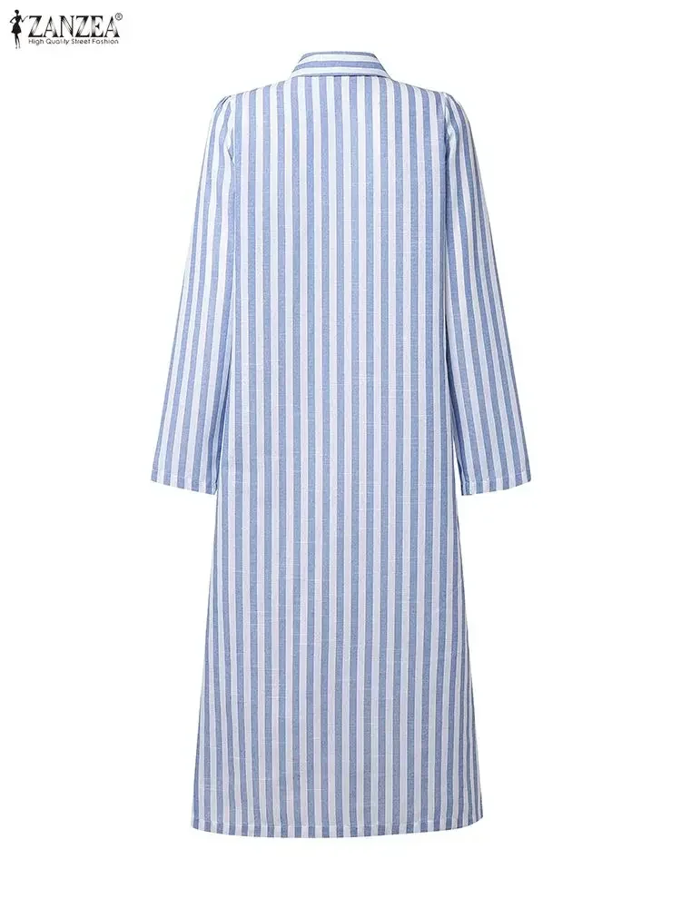 ZANZEA 2026 فستان مخطط للخريف والربيع موضة النساء التلبيب الرقبة طويلة الأكمام مكتب فستان الشمس أزرار أسفل Vestidos ميدي رداء