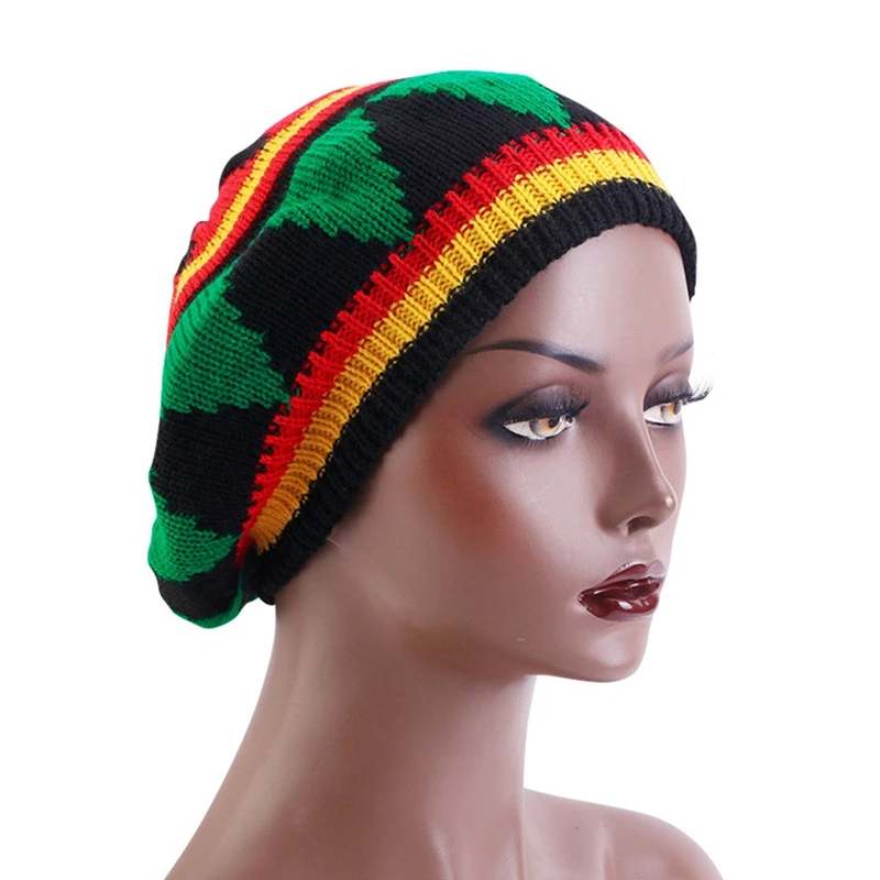 2023 New Winter    Knitted Beret Cap For Mens Women Jamaican Rasta Knit Beanie Hat Multi-colour Leaves Hip Hop Fashion Haircover