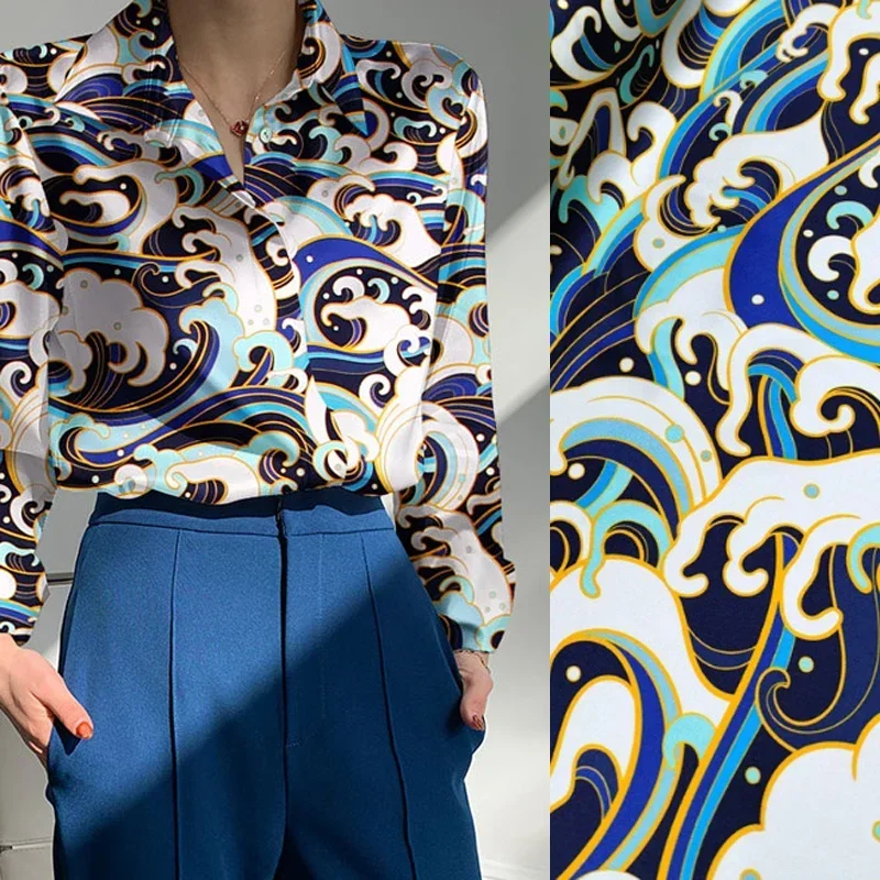 

120CM Wide 19MM Blue Wave Print 93% Silk 7% Spandex Stretch Silk Satin Fabric for Dress Cheongsam DIY Sewing Material D1156