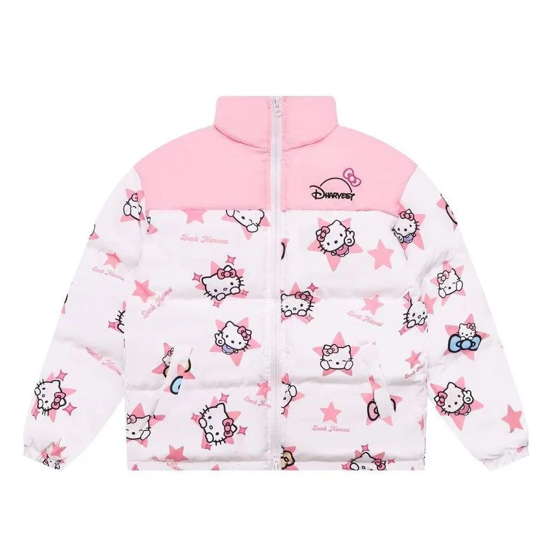 Sanrio-Parkas de algodón de Hello Kitty Y2k para mujer, chaquetas de plumón Harajuku, abrigo holgado con cremallera de retazos, chaqueta cálida