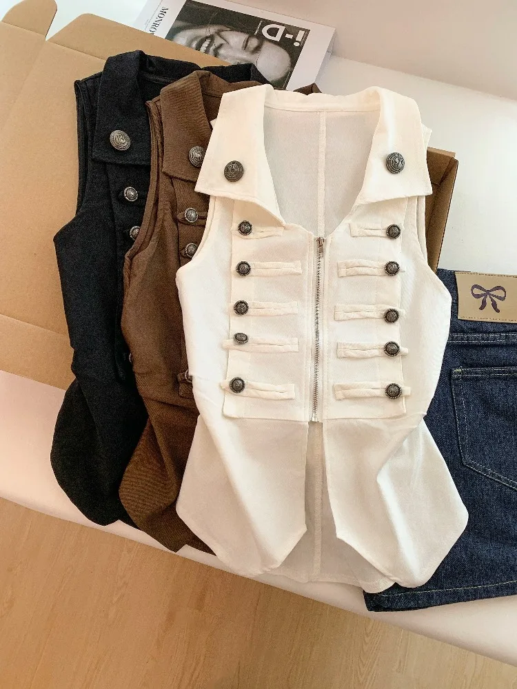 

Punk Style Slim Fit Metal Double Breasted Vest Women's Spring Summer Short Top Zipper Collar Hot Girl Casual Inner Wear