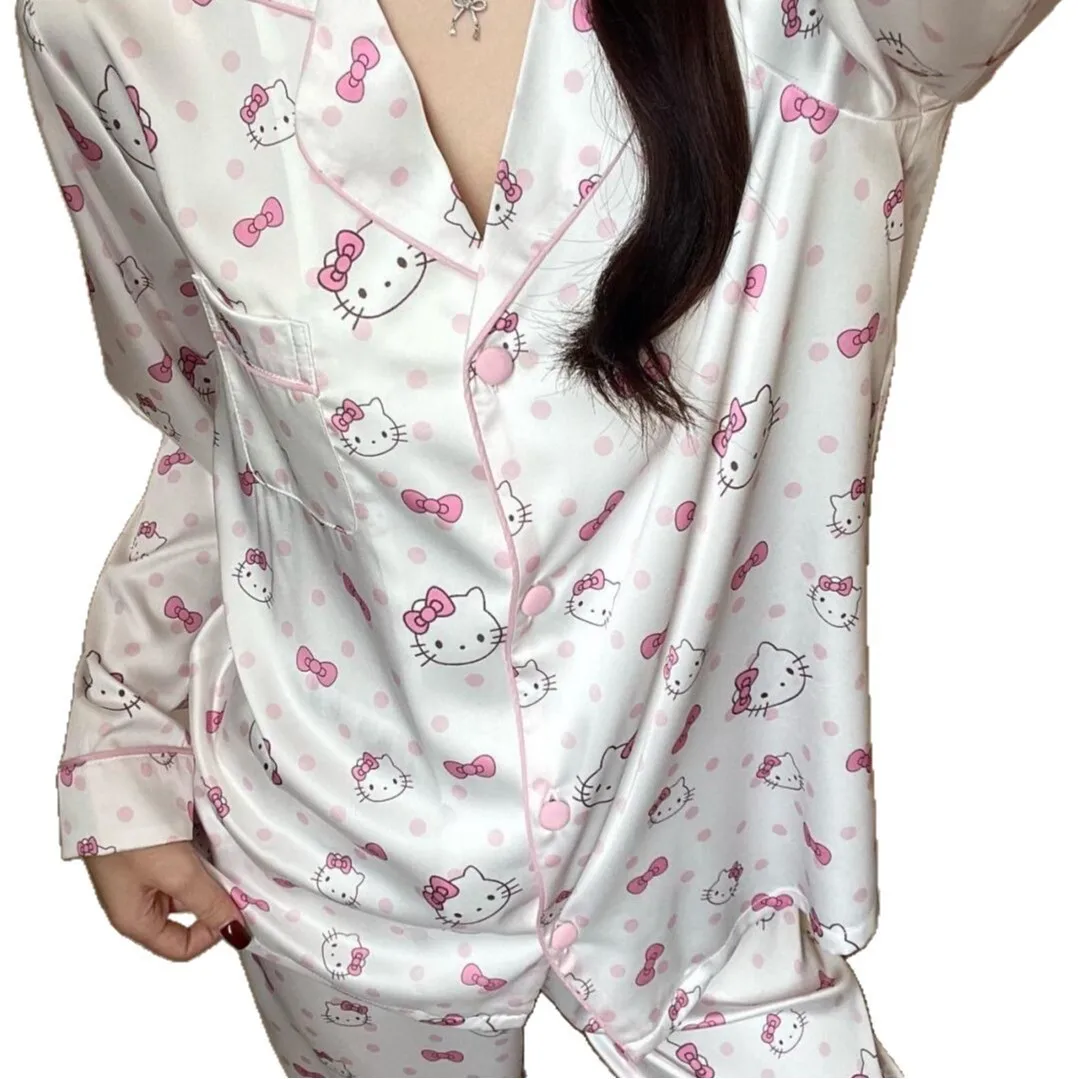 الوردي مرحبا كيتي منامة مجموعة فتاة طويلة الأكمام ملابس المنزل النساء الكرتون ملابس خاصة أزياء الخريف ملابس نوم مريحة ﻿
