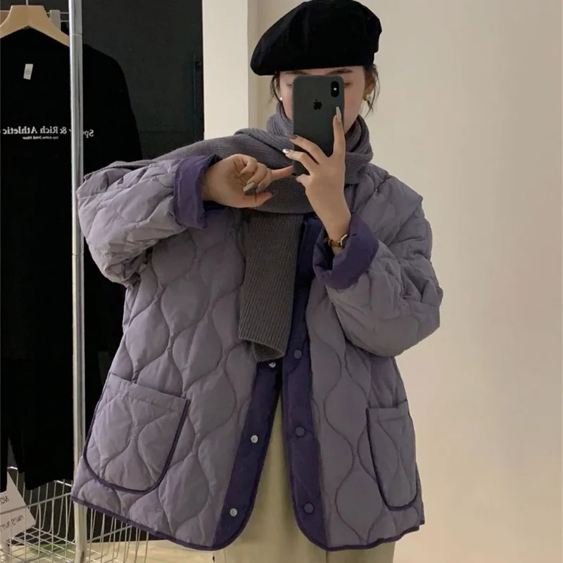 Winter 2024 New Xiaoxiangfeng Splicing Milk Huhu Lavender Jacket Women's Light and Fashion French Loose Padded Jacket