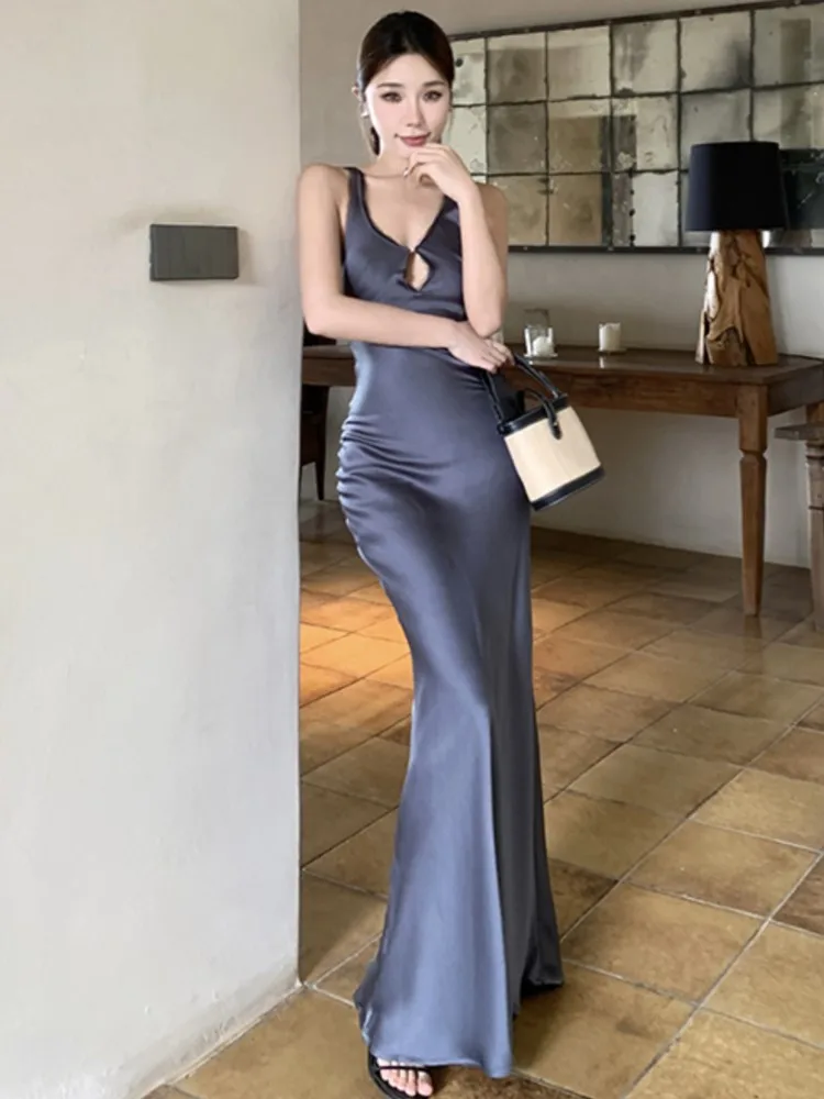 

Elegant Solid Womens Dresses Sexy Spaghetti Strap Hollow Out Bodycon Mermaid Evening Party Dress Slim Waist Vestidos New Outfits
