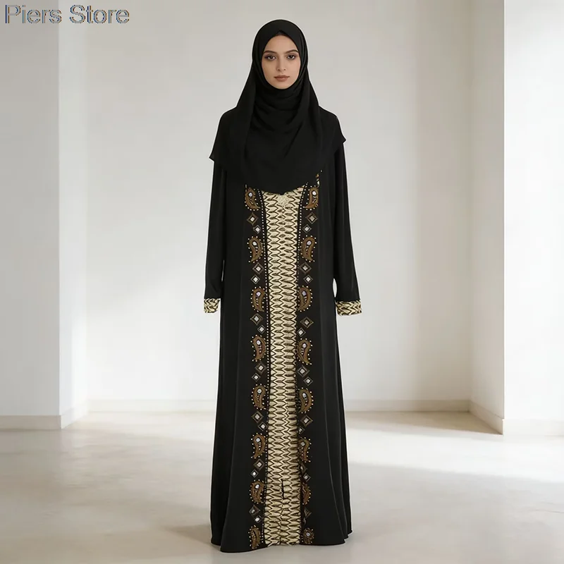 

Muslim Abayat Ethnic Style Print Abayas for Women Solid Color Loose Casual Robe Femme Musulman for Middle East Arabia