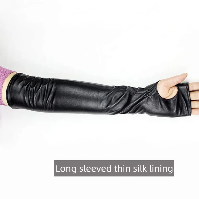 Long Fingerless Leather Gloves Fashion Women Half Finger Sheepskin Gloves Fall Winter Warm Velvet Lining Warm Arm Sleeves