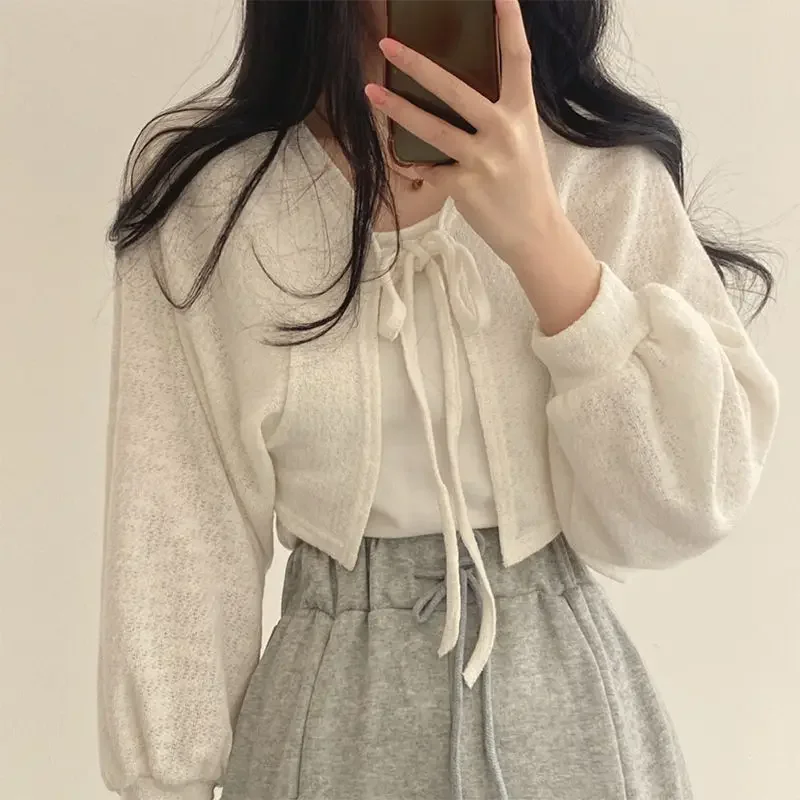 Thin White Cardigan Women Summer Sunscreen Lace-up Knitwear Top Female Korean Style Lantern Sleeve Short Coat Casual Elegant Top